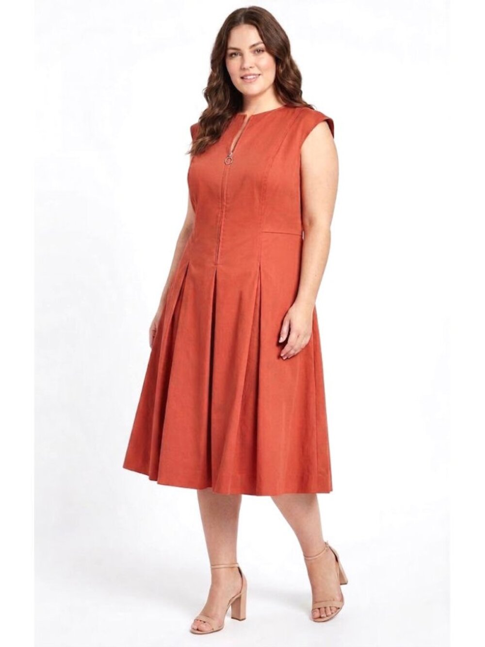 Akris Punto Front Zip Pleated Midi Dress, Rust Red Cotton Blend, Womens Size 16